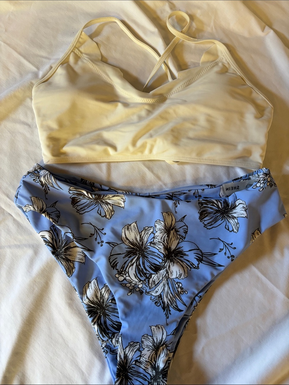 SHEIN white Bralette Top with Light Blue Floral Bikini Bottom